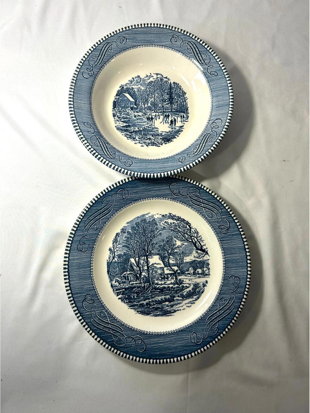 Currier & Ives OLD GRIST MILL Blue  10" Dinner Plates by ROYAL China Set of 2